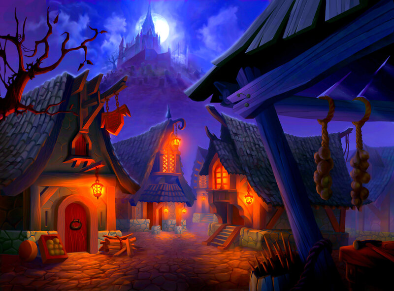 Village at Night — Blue, Mysterious, Digital Art
