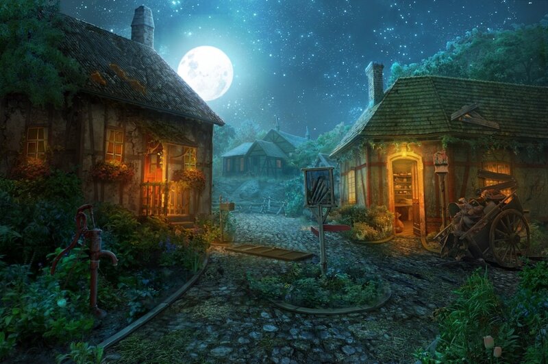 Village at Night — Blue, Serene, Digital Art