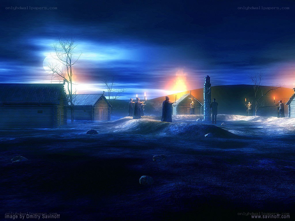 Village at night under moonlight