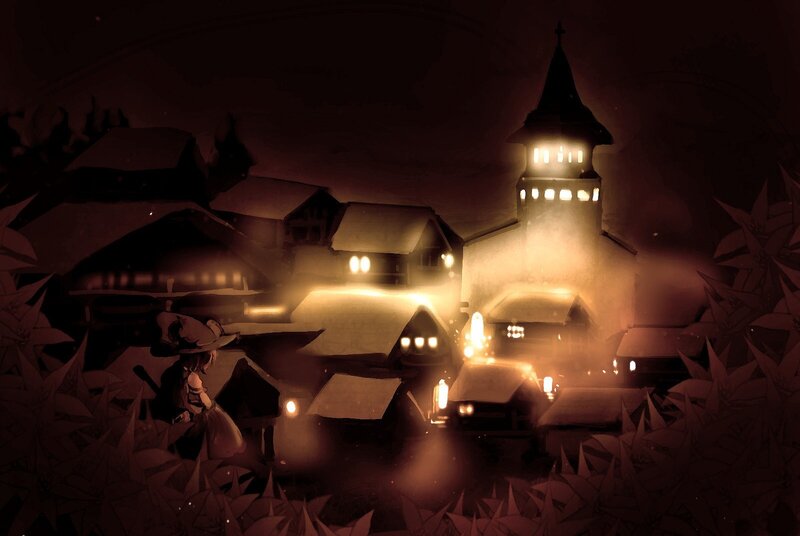 village at night with church