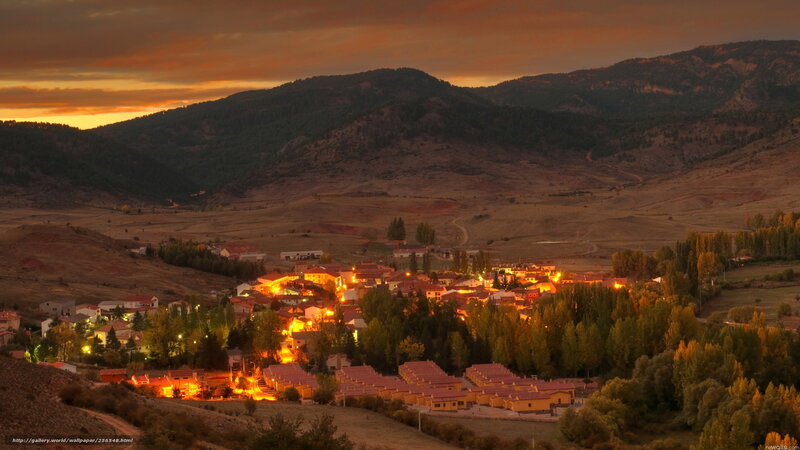 village at sunset in mountains