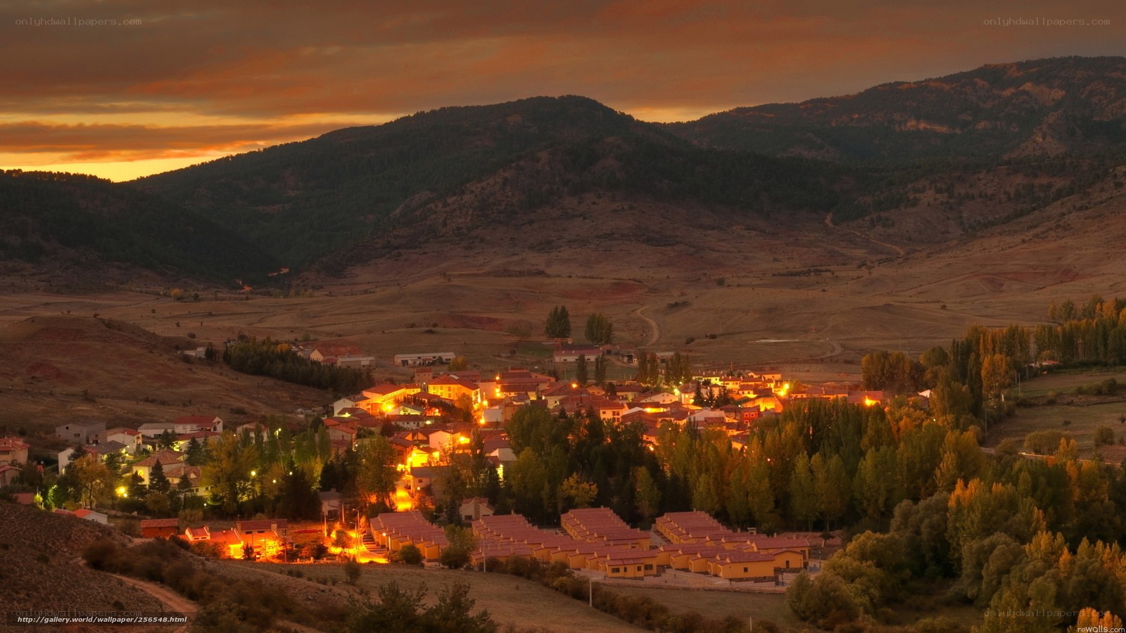 village at sunset in mountains