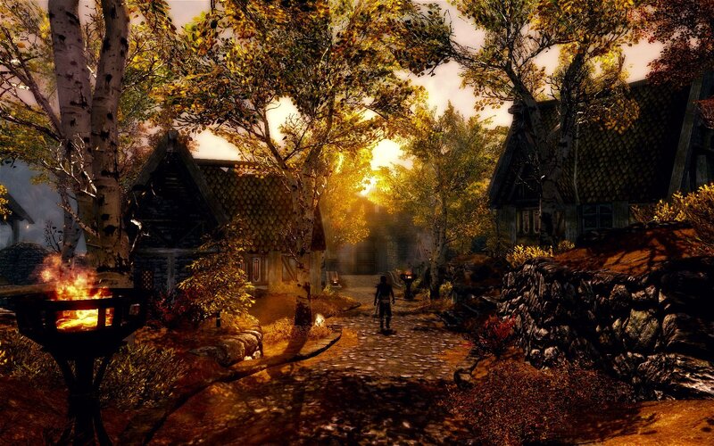 village at sunset in skyrim