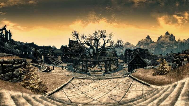 village at sunset in skyrim