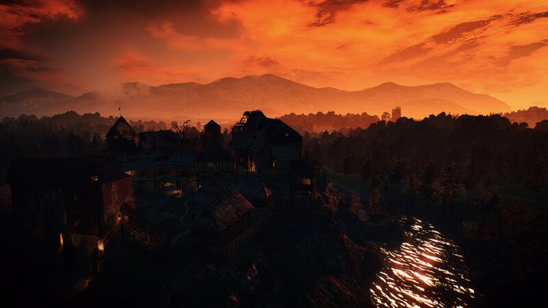 Village at Sunset — Orange, Dramatic, 3d Render, Mountains