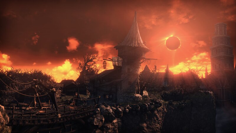Village at Sunset — Orange, Dramatic, 3d Render, Tower