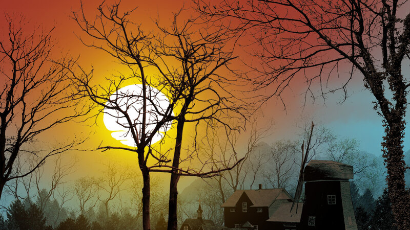 Village at Sunset — Orange, Dramatic, Digital Art