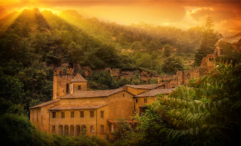 Village at Sunset — Orange, Dramatic, Photograph, Buildings