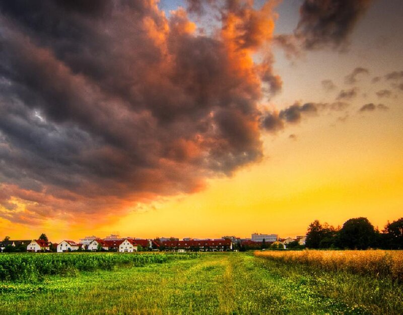 Village at Sunset — Orange, Dramatic, Photograph, Clouds