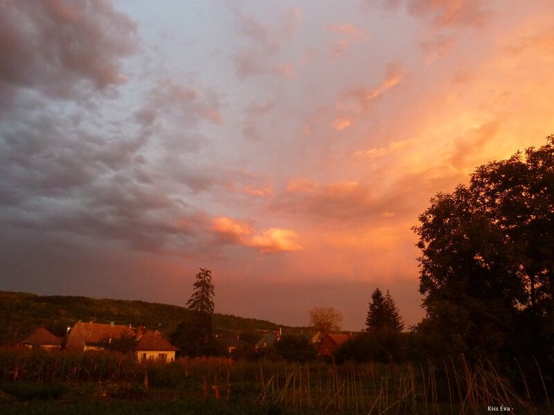 Village at Sunset — Orange, Dramatic, Photograph, Houses