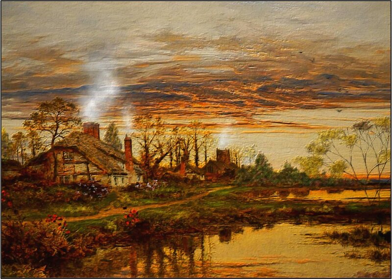 Village at Sunset — Orange, Serene, Painting, Houses