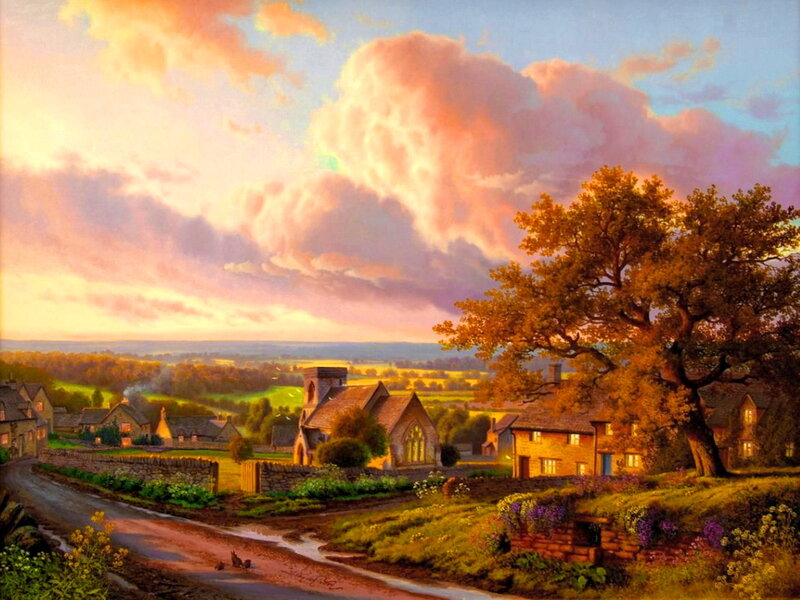 Village at Sunset — Orange, Serene, Painting