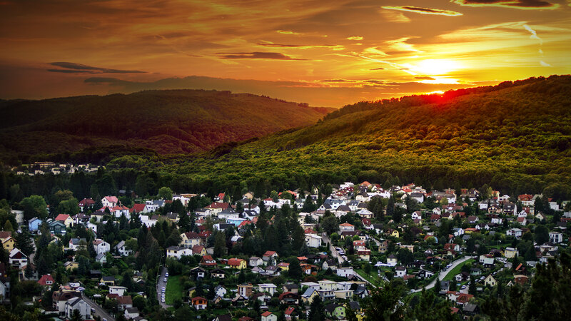Village at Sunset — Orange, Serene, Photograph