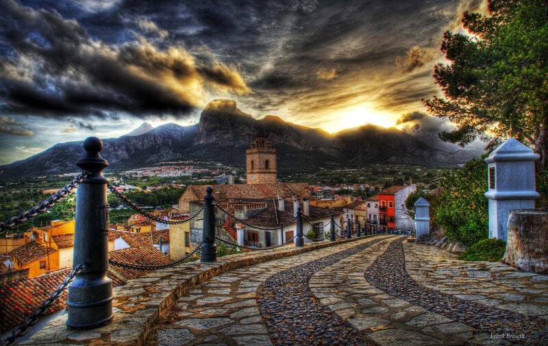 village at sunset with mountains