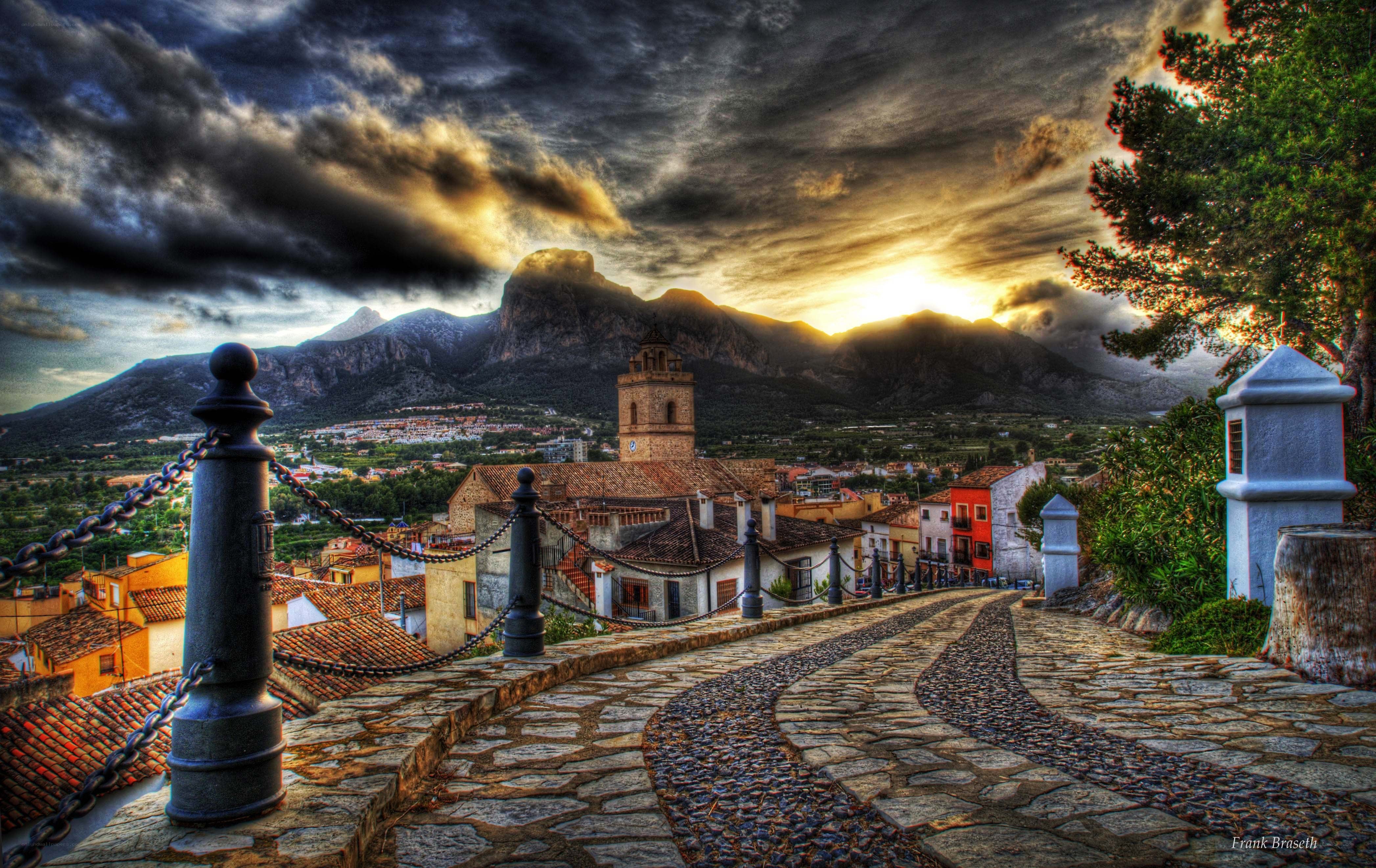 village at sunset with mountains