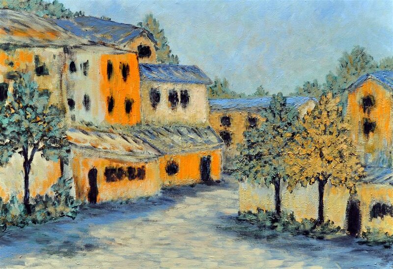 Village Buildings and Trees