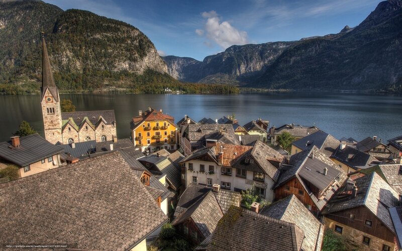 Village by a Lake — Blue, Serene, Afternoon, Photograph