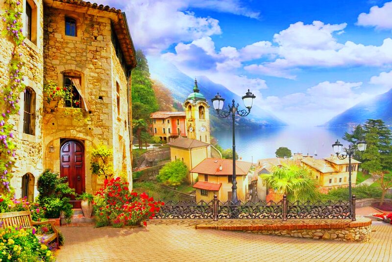 Village by a Lake — Blue, Serene