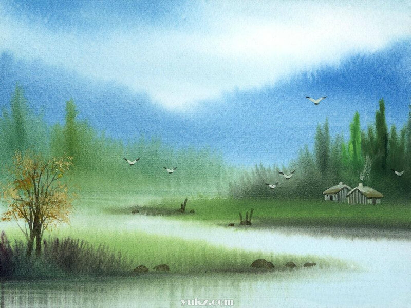 Village by a Lake — Blue