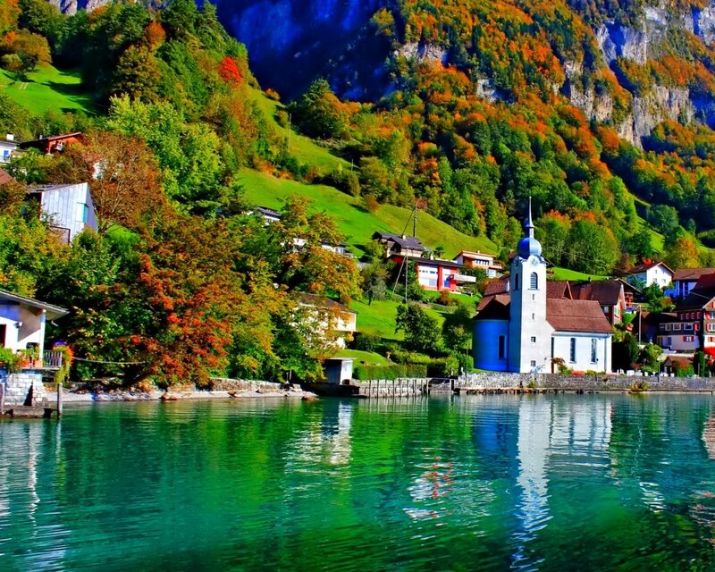 Village by a lake in autumn