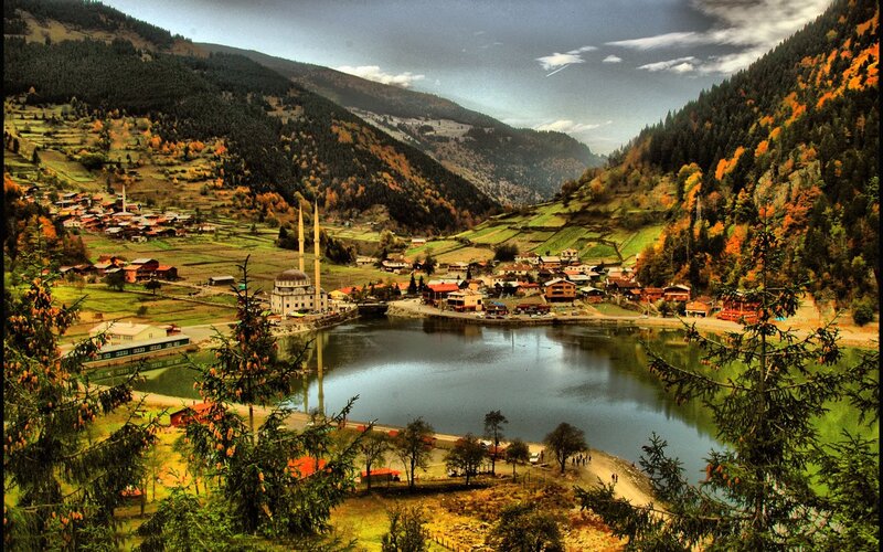 Village by a lake in autumn