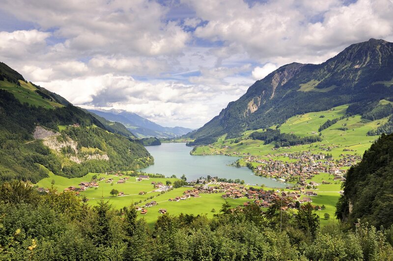 Village by a lake in the Alps