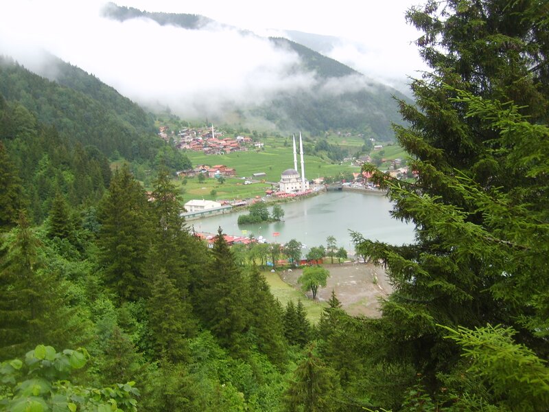 Village by a lake in the mountains