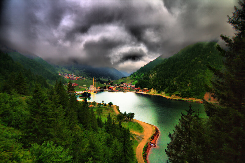 Village by a lake in the mountains