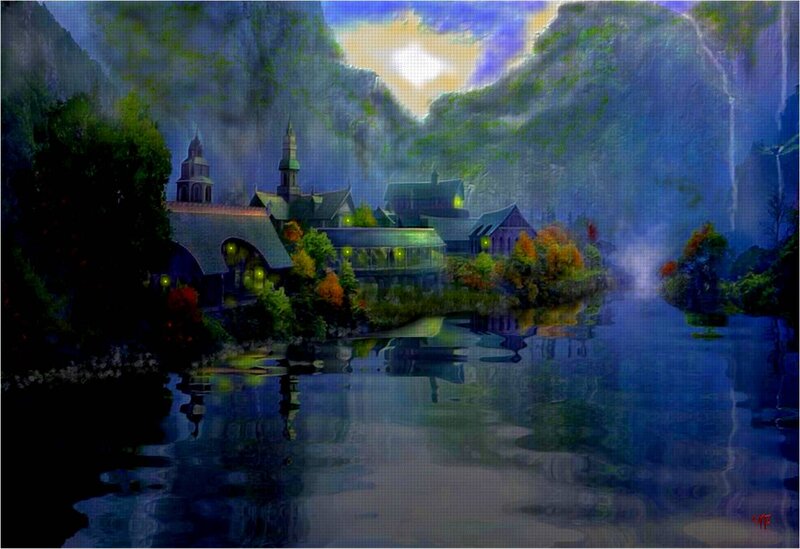 Village by a River — Blue, Serene, Night