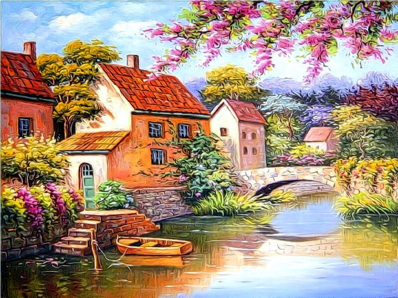 Village by a River — Blue, Serene, Spring