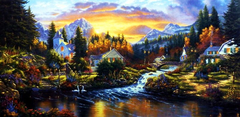 Village by a River — Blue, Serene, Sunset, Painting