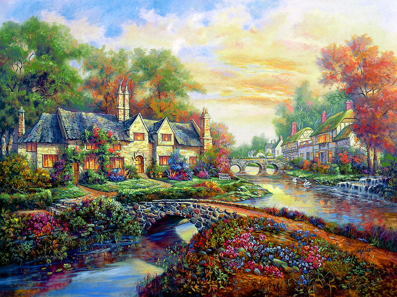 Village by a River — Blue, Serene, Sunset