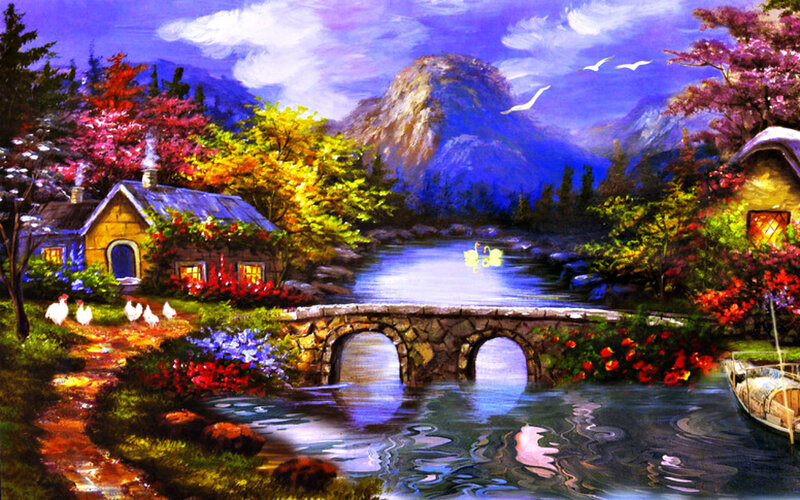 Village by a River — Blue, Serene