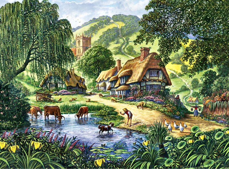 Village by a River — Green, Peaceful, Afternoon