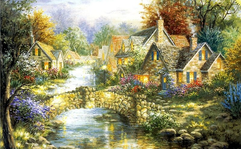 Village by a River — Green, Serene, Afternoon, Painting, Houses