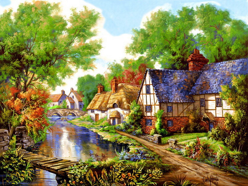 Village by a River — Green, Serene, Afternoon, Painting