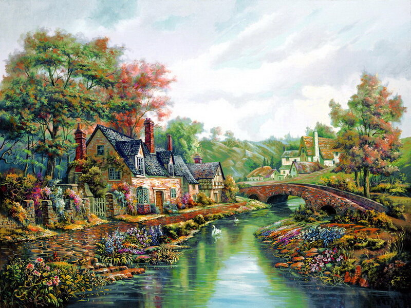 Village by a River — Green, Serene, Autumn