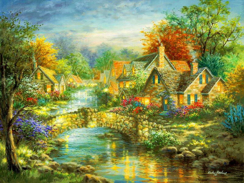 Village by a River — Green, Serene, Sunset
