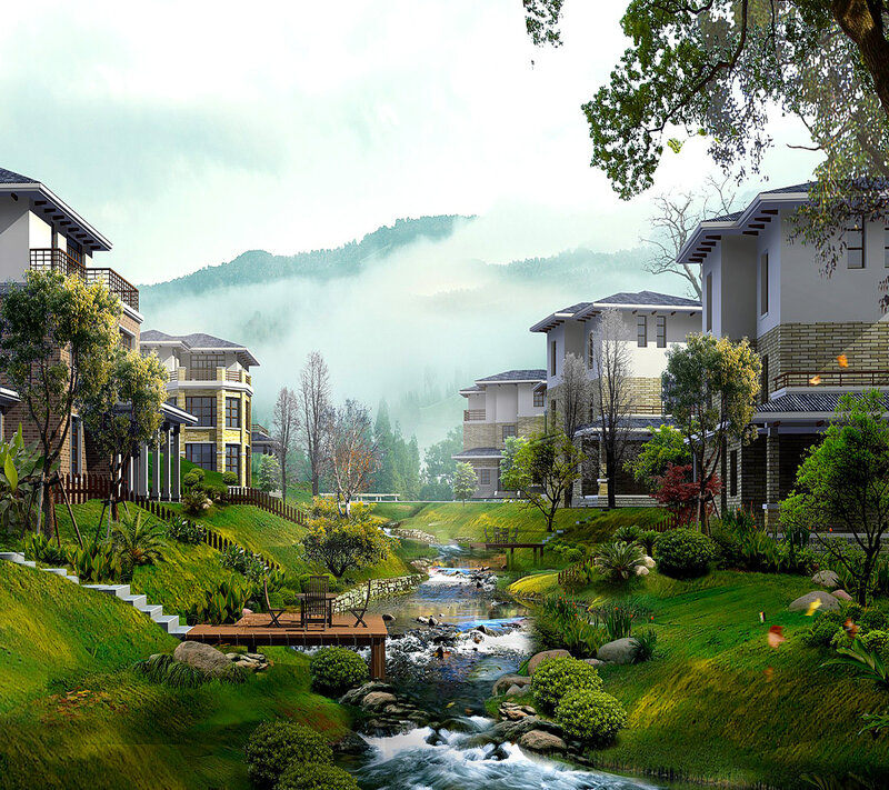 Village by a Stream — Green