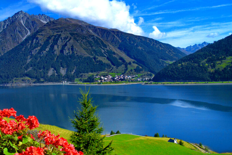 Village by Alpine Lake — Blue, Serene, Afternoon, Photograph