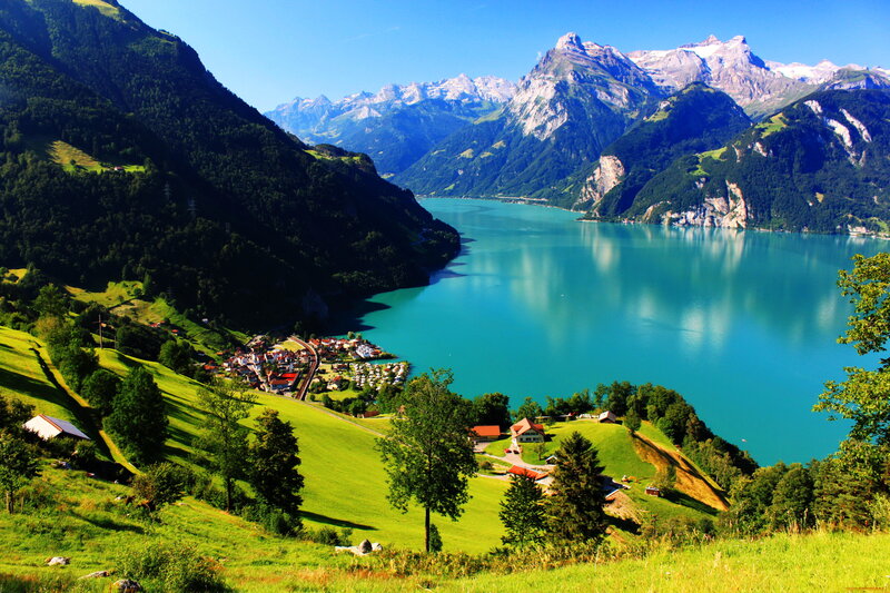Village by Alpine Lake — Blue