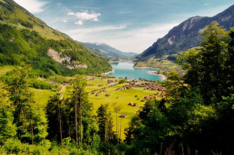 Village by Alpine Lake — Green, Serene, Afternoon, Photograph