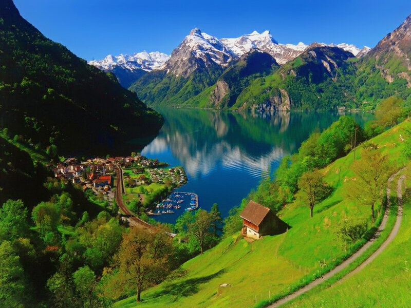 Village by Alpine Lake — Green, Serene, Summer