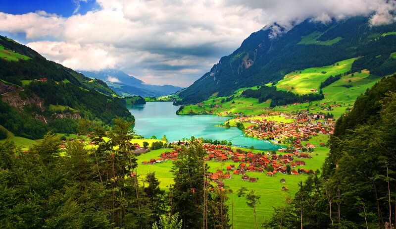Village by Alpine Lake — Green, Serene