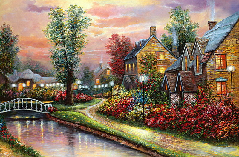 Village by Canal at Dusk — Orange