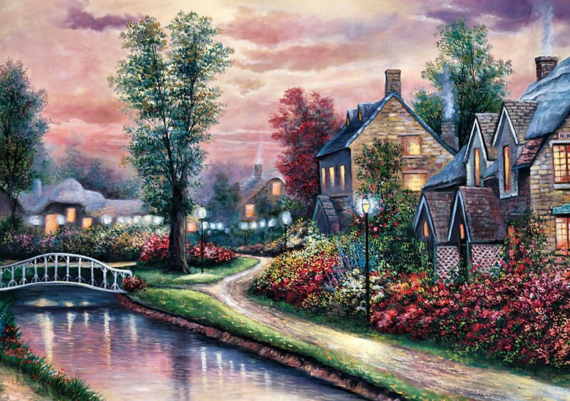 Village by Canal at Dusk — Pink