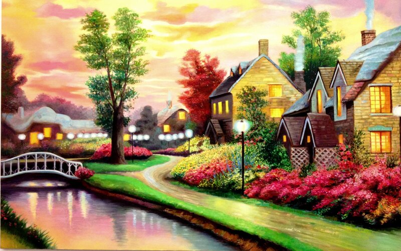 Village by Canal at Dusk — Yellow