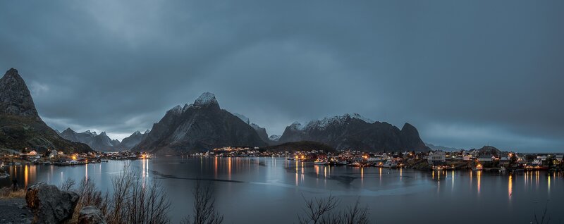 Village by Fjord at Dusk