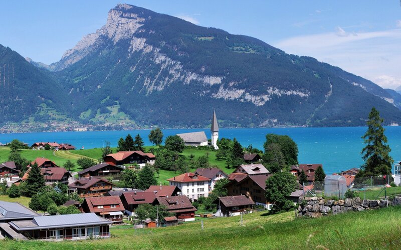 Village by Lake and Mountain — Blue, Serene