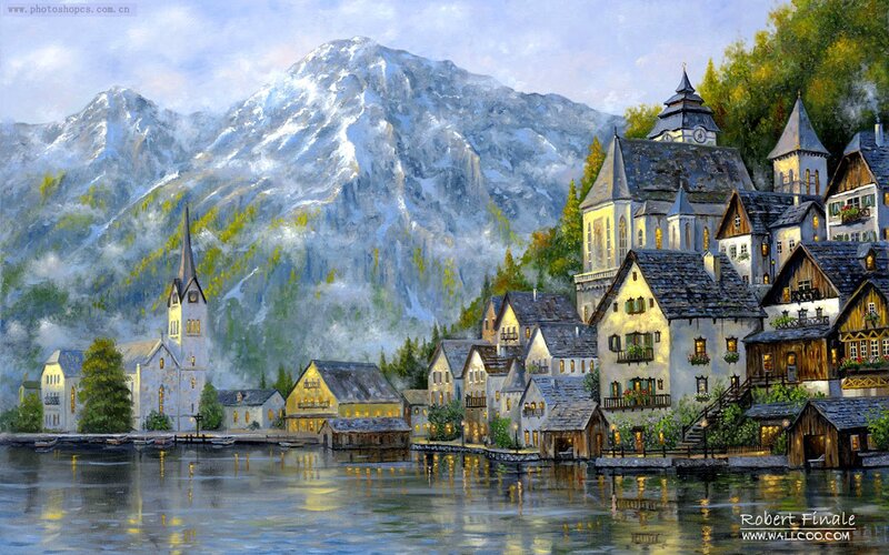 Village by Lake and Mountain — Blue